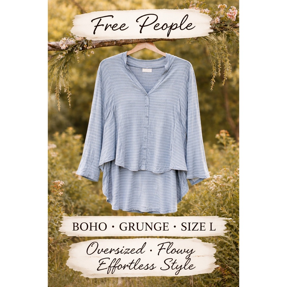 Free People Large Boho Grunge Flowy Tunic Peplum Blue Gray Oversized Festival
